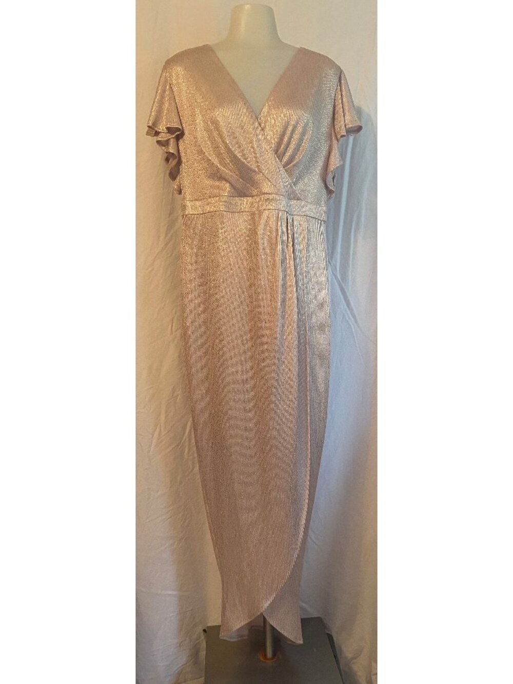 Maia Metallic Rose Gold Wrap Maxi Dress Flutter Sleeve Size 12